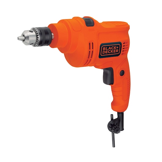 Photo of BLACK+DECKER TP550K orange corded electric drill with keyed chuck, right side angle, on white background.