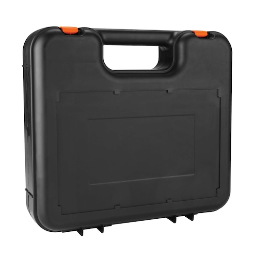 BLACKDECKER TP550K black hard plastic carrying case with orange latches, angled front view on white background.