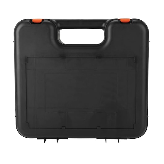 Photo of BLACKDECKER TP550K hard plastic tool case with handle, black color, orange latches, front view.