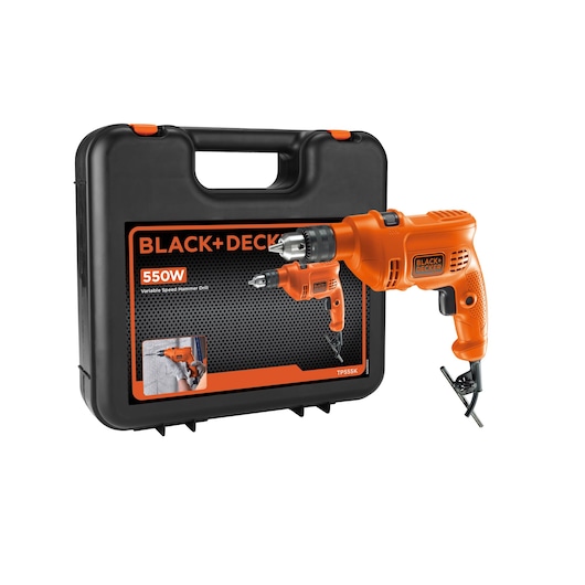 BLACKDECKER TP550K orange hammer drill with variable speed, shown with black carrying case, front view.