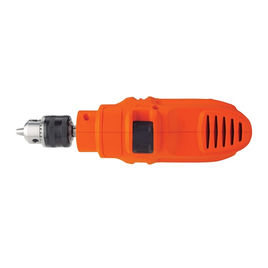 BLACKDECKER TP550 orange electric drill side view with black chuck on white background.
