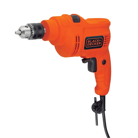 BLACK+DECKER TP555 orange corded electric drill front angle, side trigger visible, key attached to cord.
