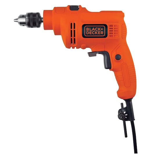 Photo of BLACK+DECKER orange corded electric drill TP555, side view on white background.