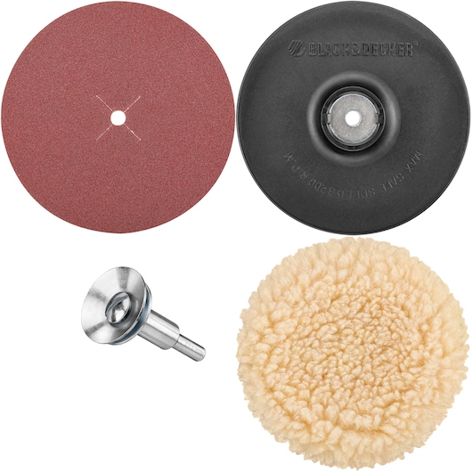 BLACK+DECKER U1450M sanding and polishing accessory set with disc, backing pad, spindle, and buffing pad, top view.