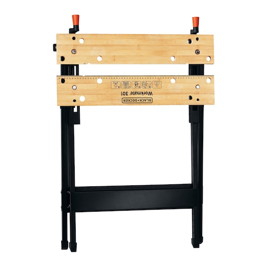 Photo of BLACK+DECKER WM125 folding workbench with wooden top, black metal legs, and front angle on white background.