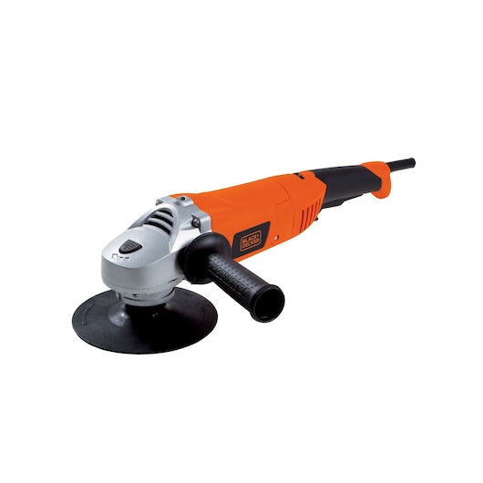 BLACKDECKER WP1500K orange and black electric angle grinder, side handle, product photo, white background.