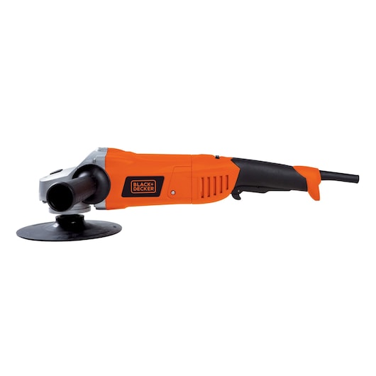BLACKDECKER WP1500K orange and black angle grinder, side view, on white background.