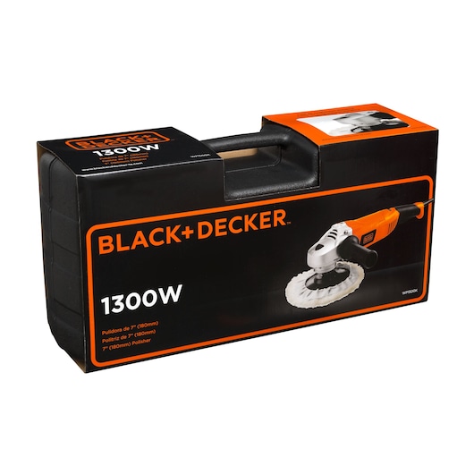 BLACK+DECKER WP1500K 1300W polisher in black and orange box, front angle, showing tool image and case handle.