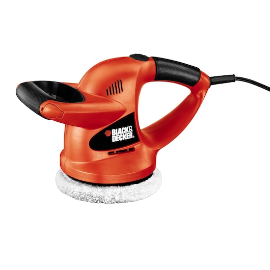 BLACK+DECKER WP900 orange electric polisher with dual handles and white polishing pad, side angle, white background.